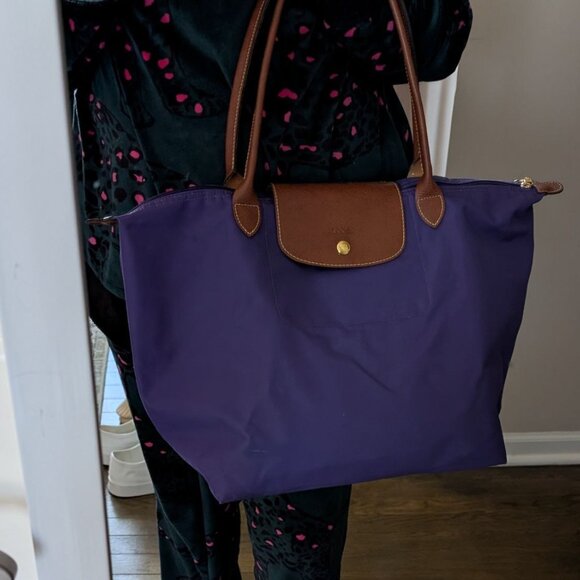 LONGCHAMP Le Pliage Original Large Tote Black Nylon Travel Should Purple - Picture 16 of 16